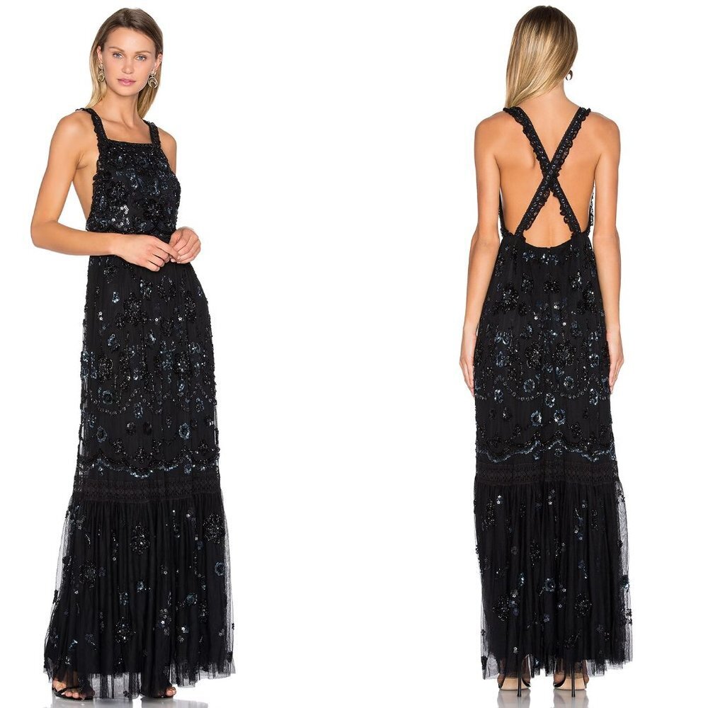 Needle & Thread Embellished Bib Gown in Black 4